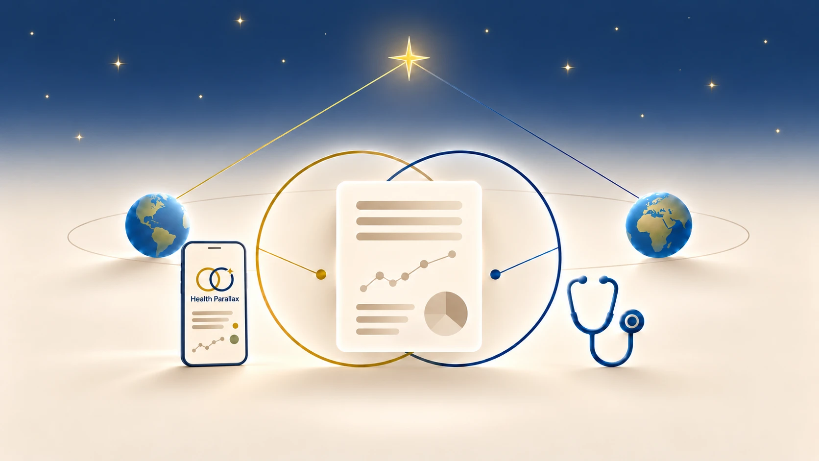 Illustration: Earth at two points of its orbit, each with a line rising to the same gold star. Below the star, a report sits where a gold ring and a navy ring overlap, with a phone showing the Health Parallax app on one side and a stethoscope on the other.