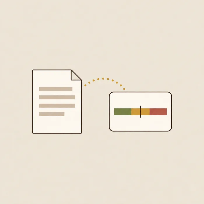 A paper report turning into a card with a coloured range bar